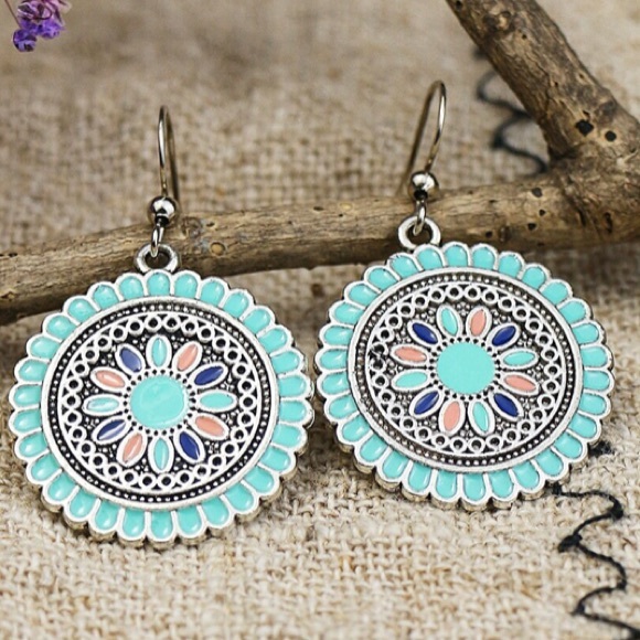 Bohemian Colorful Circle Flower Drop Dangle Earrings - Picture 1 of 3
